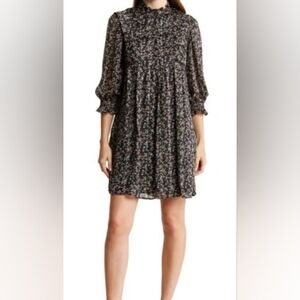 MELLODAY Floral Print Chiffon Babydoll Dress - Ruffle Mock Neck, 3/4 Sleeves XS